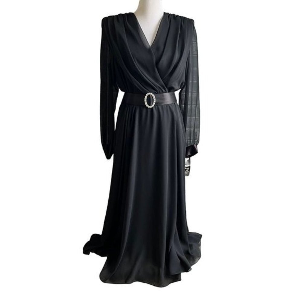 Ursula of Switzerland Vintage Shoulder Pads Sheer Sleeves Belted Dress